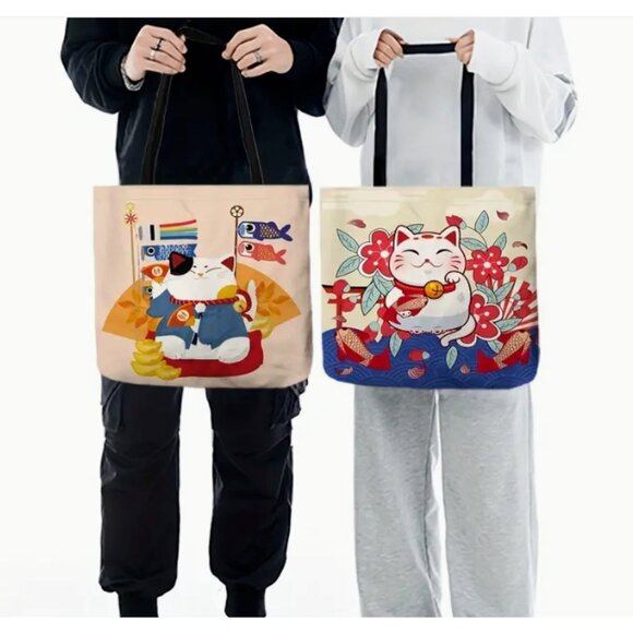 Waving Lucky Hello Cat Kitty Canvas Bag Large Purse Handbag 15.7" - Picture 2 of 5